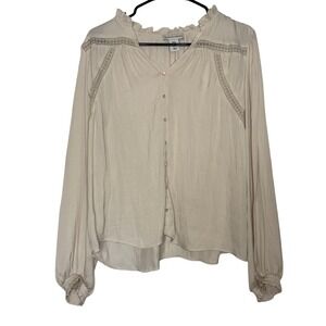 Cupcakes & Cashmere Whimsical Lace Trim Ruffle Blouse Long Sleeve Button Front M